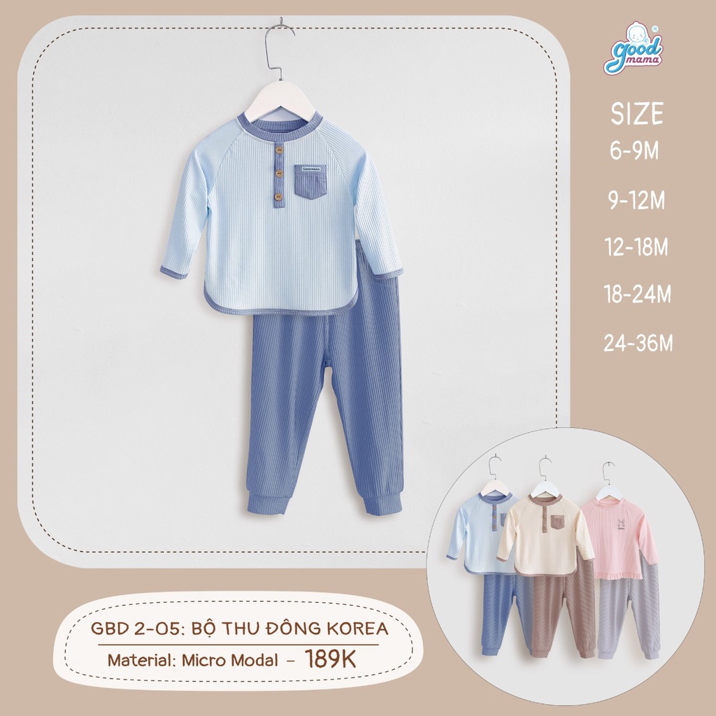 [CHÍNH HÃNG] Bộ dài tay cổ trụ túi ngực modal Korea họa tiết trẻ em Good Mama