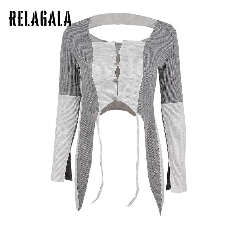 Relagala Áo Khoác Cardigan Tay Dài Cổ Vuông Màu Sắc Tương Phản Thời Trang Cho Nữ