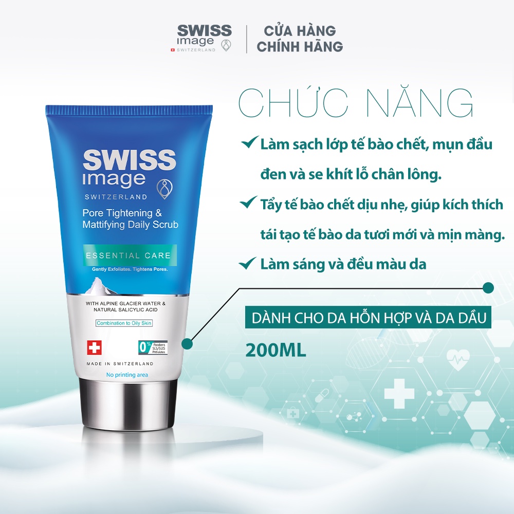 Tẩy tế bào chết loại bỏ mụn đầu đen cho da hỗn hợp và da dầu Swiss Image Pore Tightening & Mattifying Daily Scrub 200ml