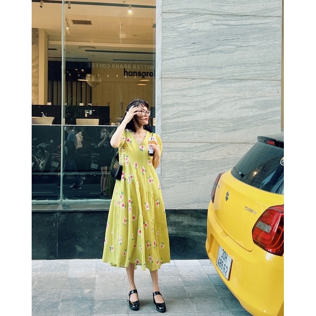 Váy Hoa Cổ Tim Dáng Tầng Xéo Dáng Suông Chất Liệu Vải Đũi Dập Nhăn Mát