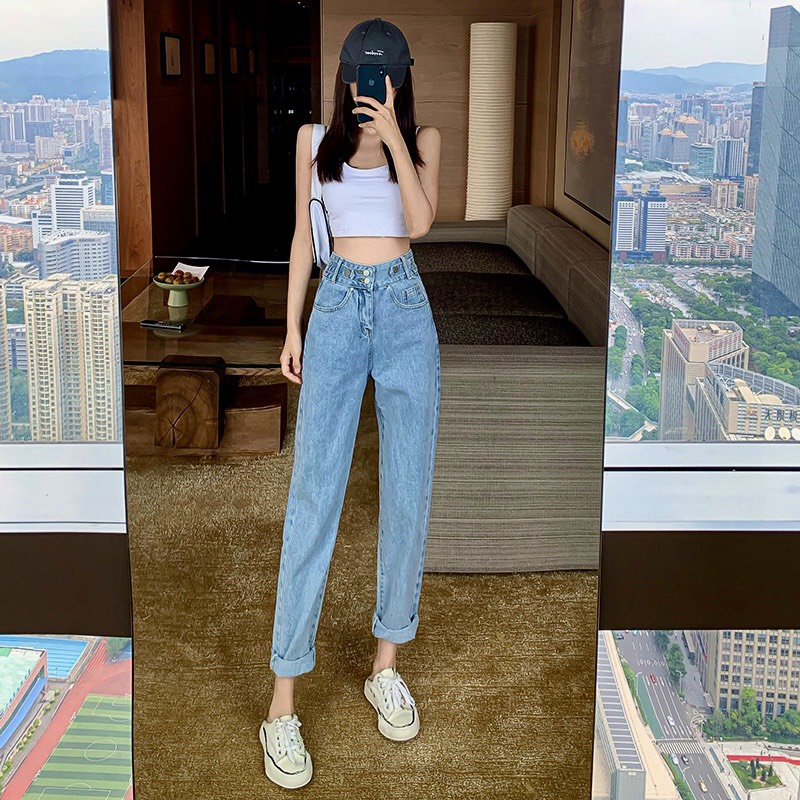 Quần Baggy Bò Jeans Nữ Cạp Cạp Cao Hai Khuy Năng Động Phong Cách Dễ Phối Đồ - J482 HIEKIE