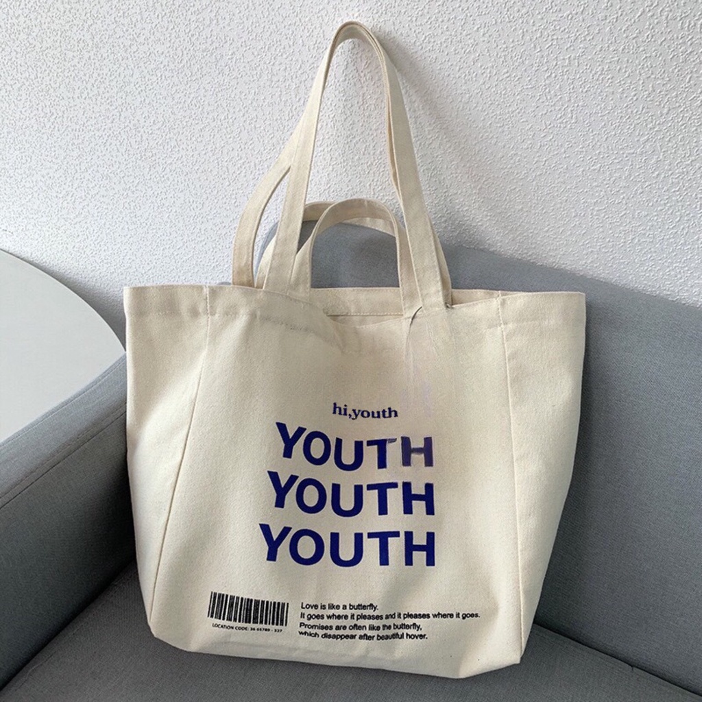 Túi tote HAZIN size lớn vải canvas ulzzang unisex in chữ Youth Youth có khoá miệng ngăn phụ đi học đi làm vừa khổ a4