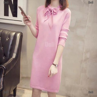 Đầm len gân cổ thắt nơ
