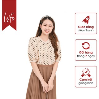 Áo sơ mi tay lỡ nữ họa tiết chấm bi thiết kế cổ viền ren lefe ak62