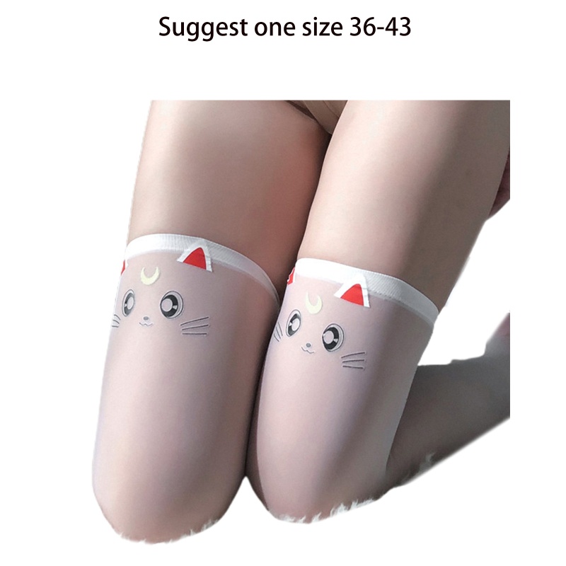 Vớ Dài Qua Gối Vải Lụa In Họa Tiết Hoạt Hình Mèo Phong Cách Lolita Nhật Bản Cho Nữ