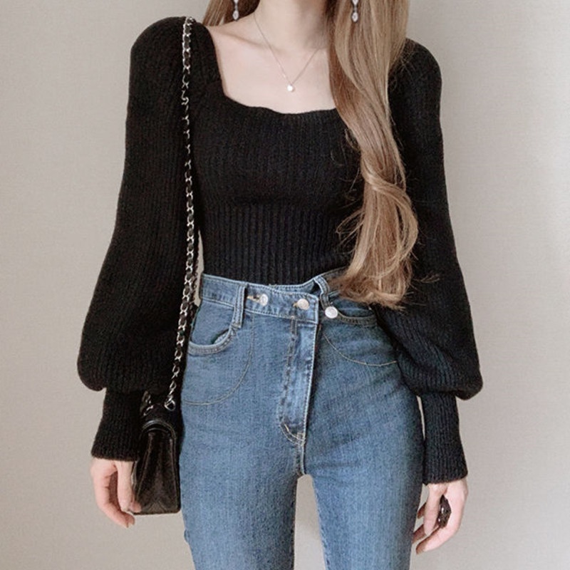 Áo Sweater Dệt Kim Tay Phồng Dài Cổ Vuông Phong Cách Hàn Quốc Thời Trang Cho Nữ