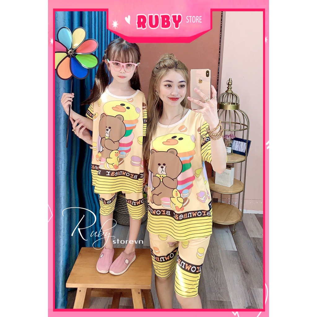 Đồ bộ thun Quần LỬNG mẹ và bé size 7kg - 70kg chất thun mềm mát in hình gấu hoạt hình chibi dễ thương DBRBL FULL SIZE