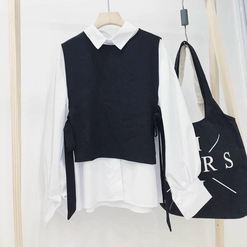 [Mã WASKT304 giảm 15% tối đa 30K đơn 99K]Set Áo sơ mi trắng dài tay kèm gile xinh xắn buộc nơ eo phong cách ulzzang_SY02 | BigBuy360 - bigbuy360.vn