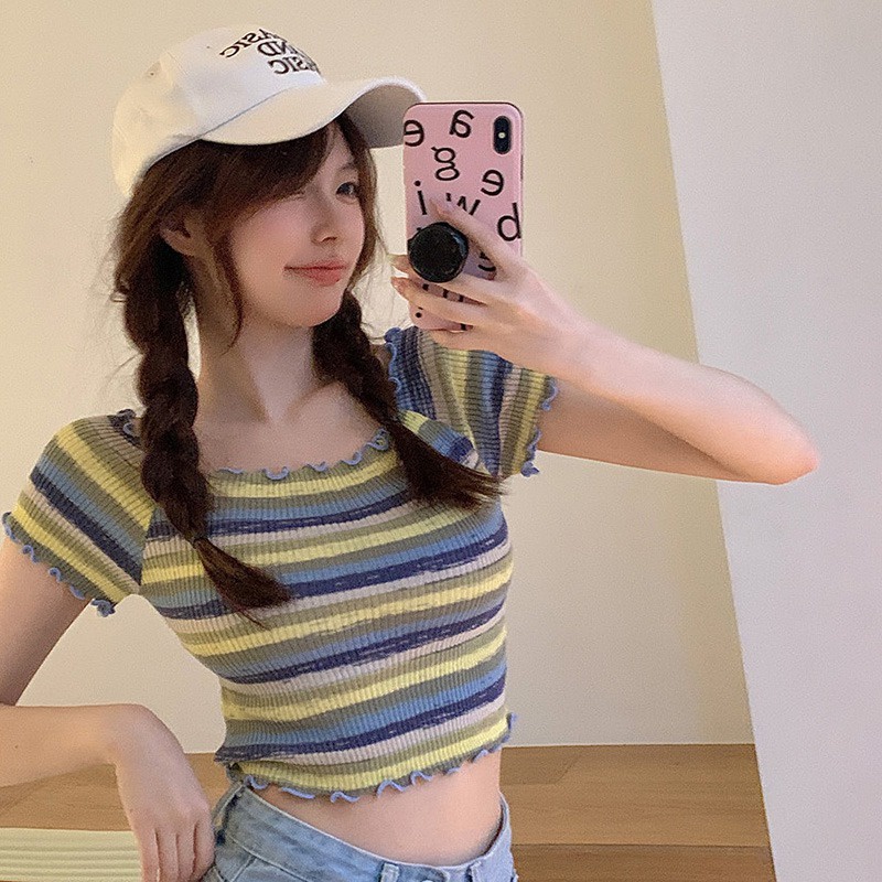 Áo Croptop Dệt Kim Trễ Vai Tay Ngắn Họa Tiết Kẻ Sọc Nhiều Màu Sắc Thời Trang Mùa Hè Phong Cách Hàn Quốc Cho Nữ