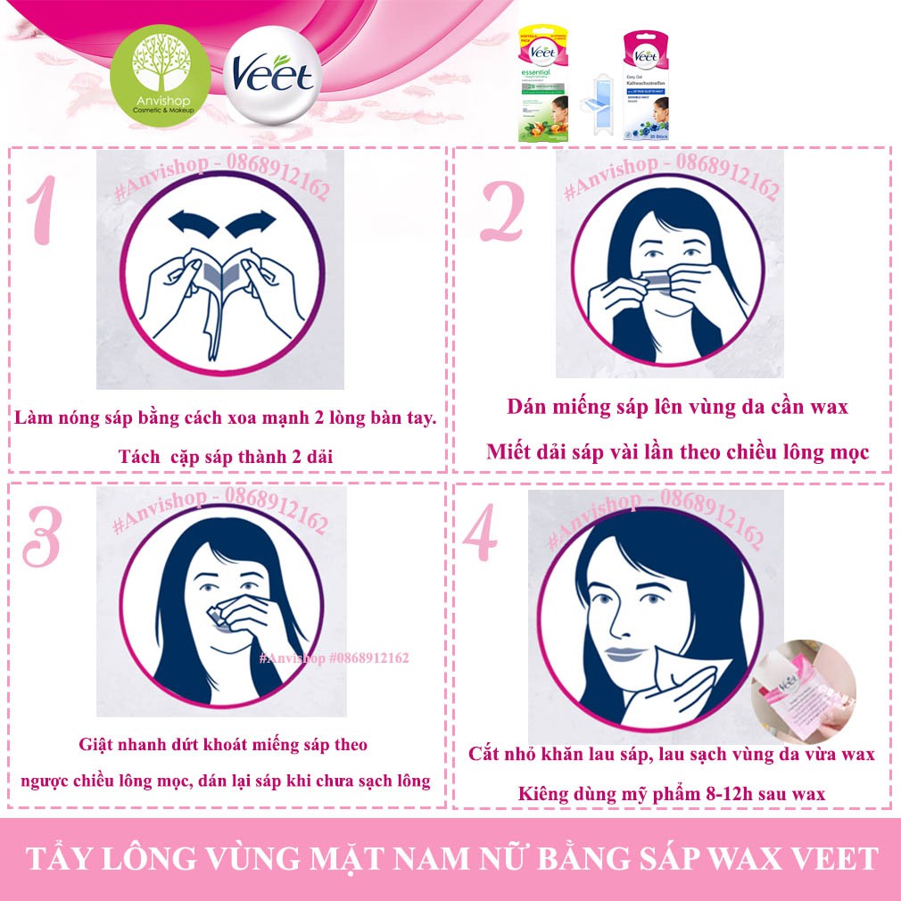 Miếng wax ria mép Veet hộp 20 miếng 4 gói ức chế lông - tẩy lông mép ANVISHOP