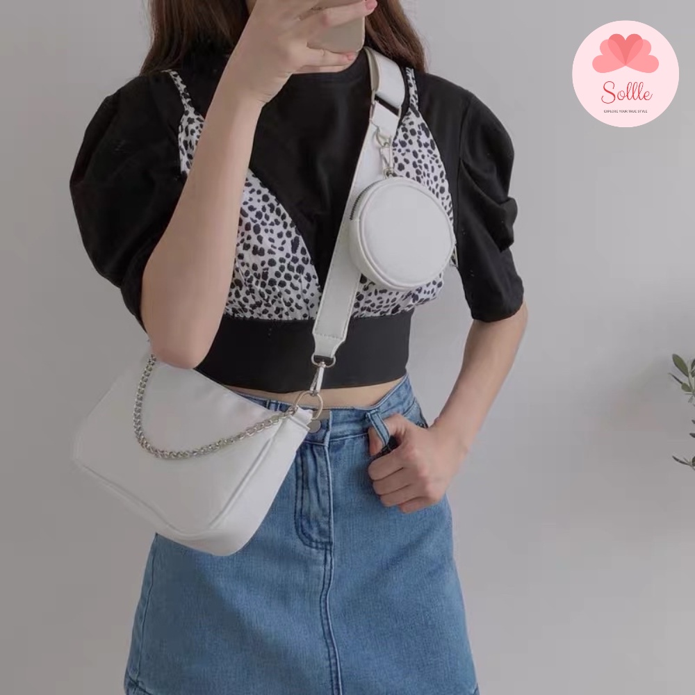 Set Túi bao tử đeo chéo dây xích da PU kèm ví mix nhiều kiểu dễ phối đồ cá tính Sollle