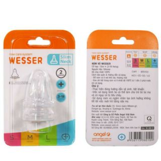 Vỉ 2 Núm vú thay thế bình Wesser cổ hẹp size S/ M/L/ +