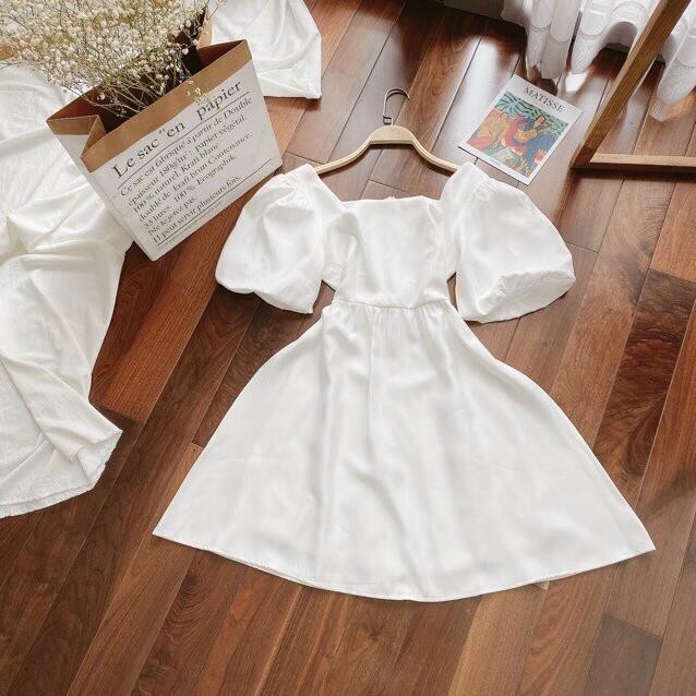 Đầm BABYDOLL trắng đen cổ Vuông tay Bồng ngắn - SAMI DRESS - Váy trắng cá tính freesize . 🌟