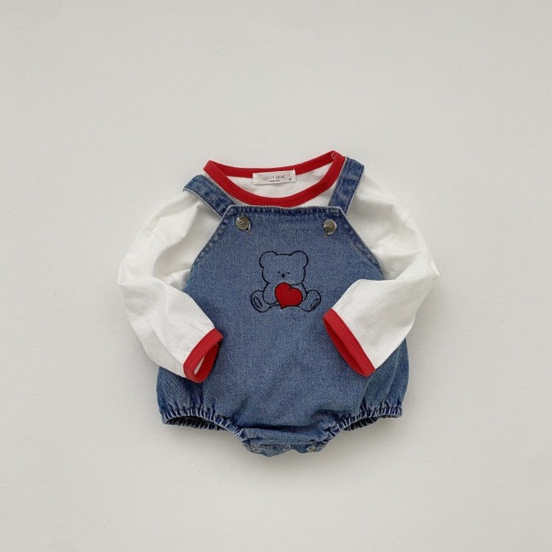 Bộ Áo Liền Quần Denim Tay Dài In Hình Gấu Hoạt Hình Phong Cách Hàn Quốc Thời Trang Mùa Đông Cho Bé Sơ