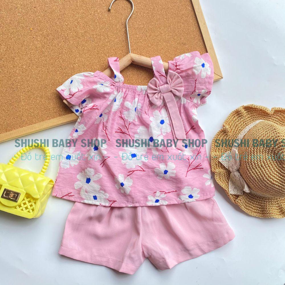 Set bộ bé gái 2 dây chất đũi tơ mềm mát phối nơ xinh họa tiết nổi bật xinh xắn Shushibaby