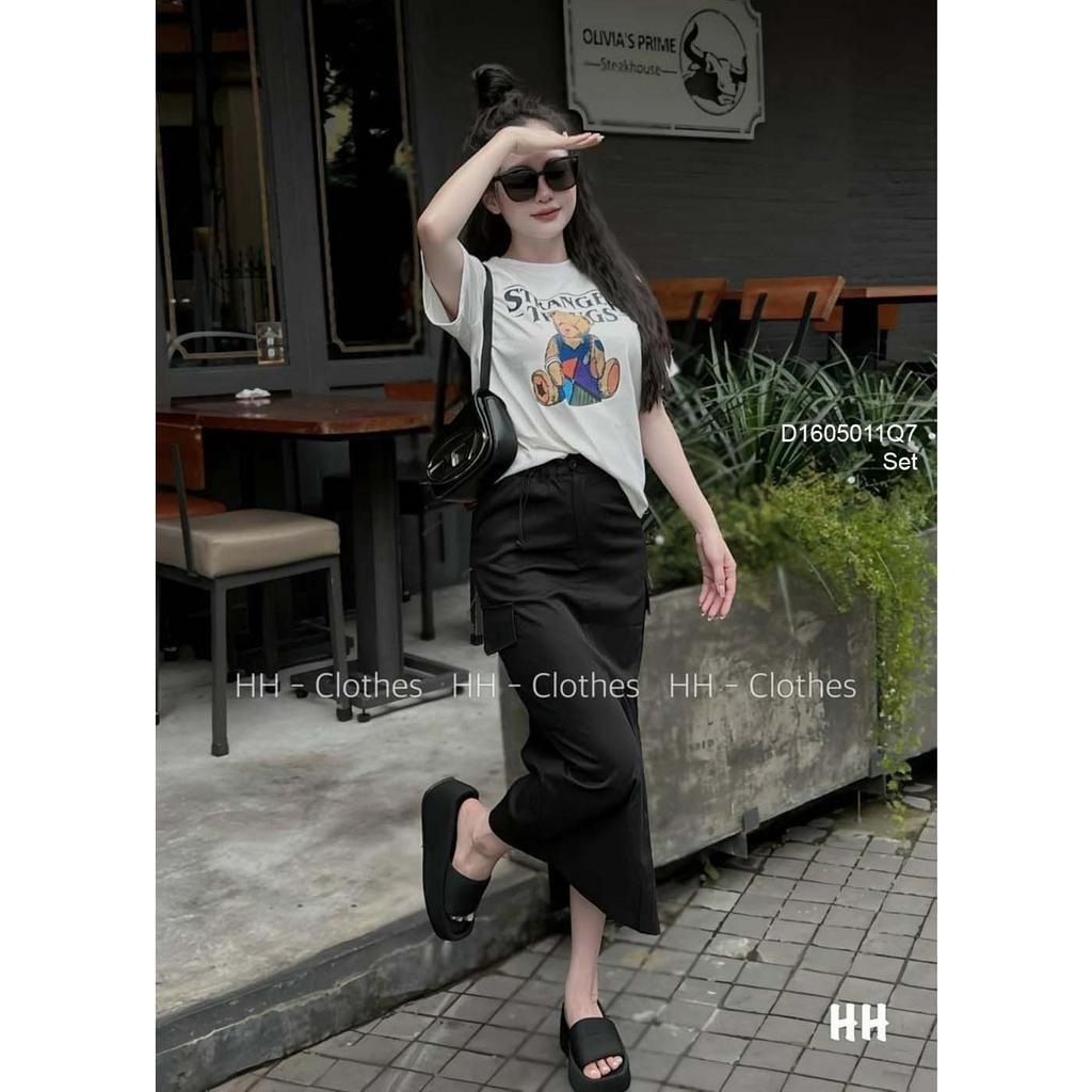 Set áo thun hình gấu tay con kèm chân váy dáng dài