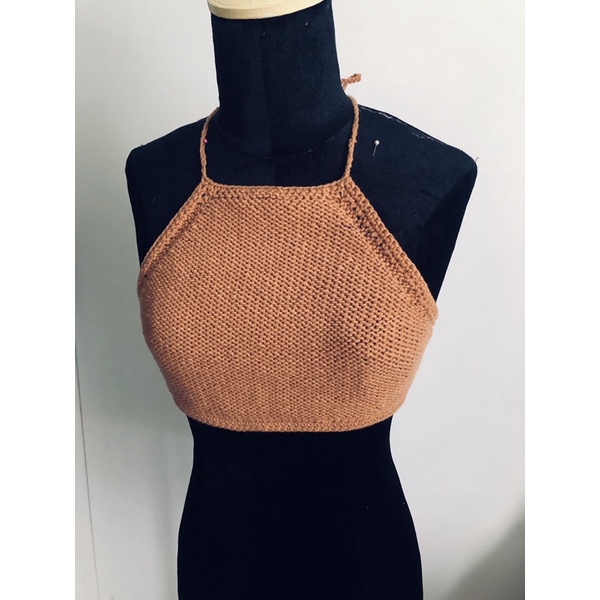 Áo croptop áo yếm len móc handmade nâu tây thắt dây lưng