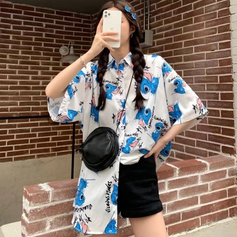 Áo Sơ Mi Chiffon Tay Ngắn Dáng Rộng In Họa Tiết Hoạt Hình Chuột Mickey Thời Trang Mùa Hè Cho Nữ