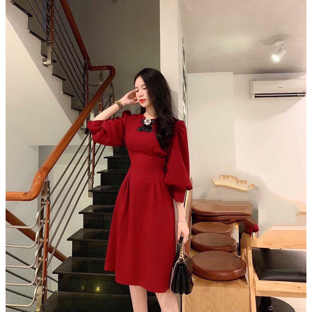 TT422 - Đầm Xòe Đỏ Đính Nơ Cổ