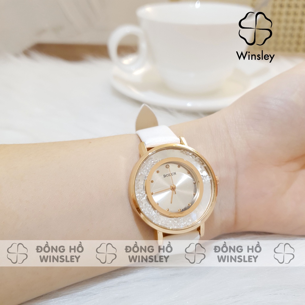 Đồng hồ nữ đeo tay chính hãng Bolun dây da mặt tròn đá chạy đẹp thời trang giá rẻ