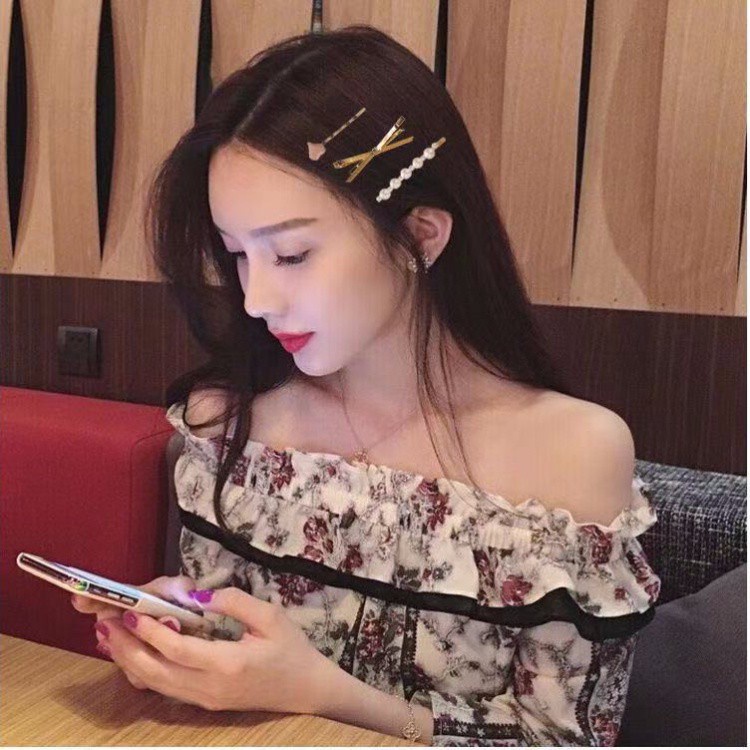 Kẹp Tóc Ba Món Đính Nơ Ngọc Trai Hình Trái Tim Phong Cách Hàn Quốc Cho Nữ