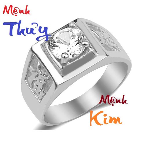 Nhẫn bạc nam cao cấp chữ Phước đính kim cương nhân tạo không đen