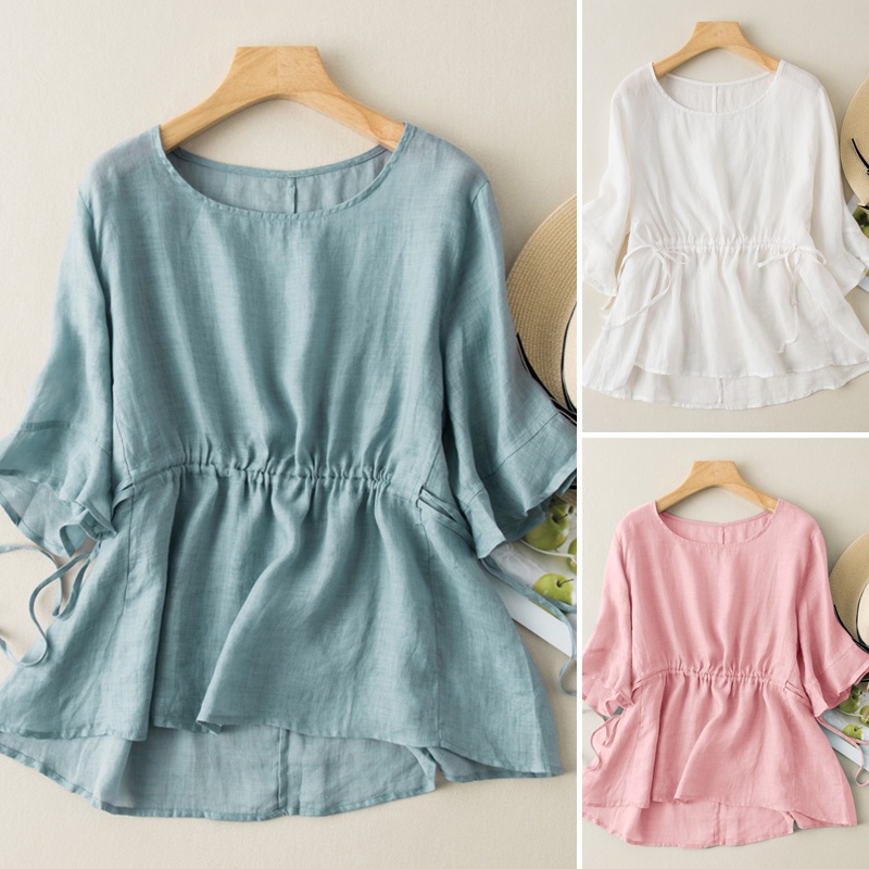 Áo kiểu ZANZEA thiết kế cổ tròn dáng rộng tay lửng phối dây rút thời trang cho nữ