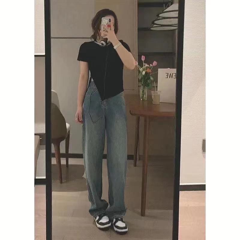 Quần jean COZOK lưng cao ống rộng phong cách Hàn Quốc cổ điển