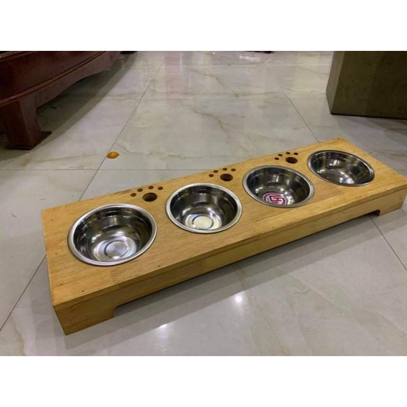 Khay ăn 4 bát chó mèo bằng gỗ