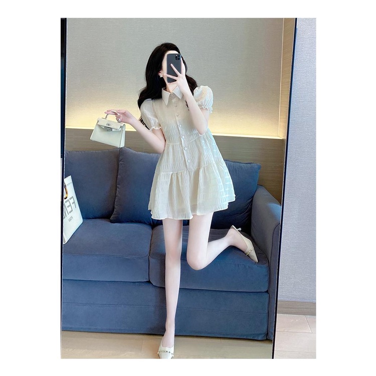 Dress woman summer sweet 2022 new small French style thin pleated bubble sleeve shirt a-shaped skirt