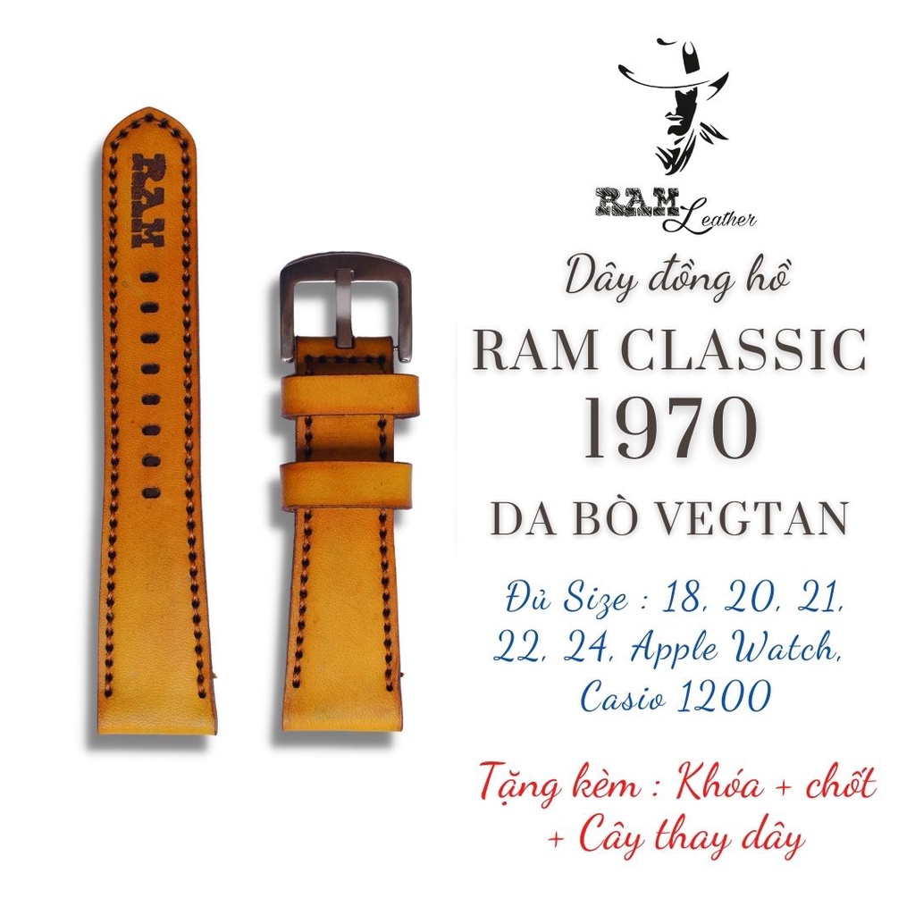 Dây đồng hồ RAM Leather vintage 1970 da bò Italia Vegtan vàng tươi