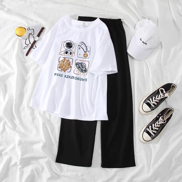 Sét Áo hành tinh P.x+quần suông trơn, Áo thun from rộng, Chất đẹp không xù, quần suông ống rộng, Sét bộ mặc ở nhà - MODY