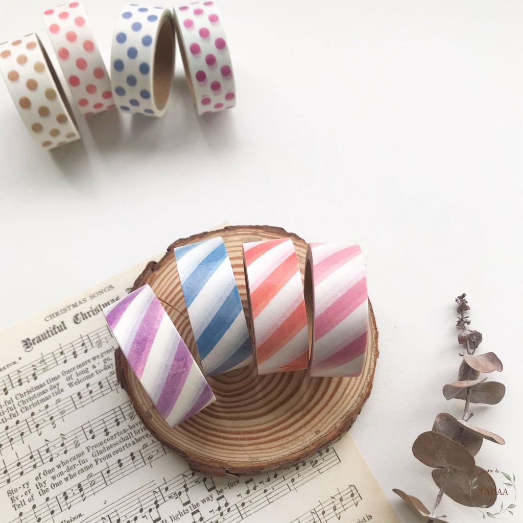 Set 4 washi tape chấm bi và kẻ sọc nhiều màu sắc