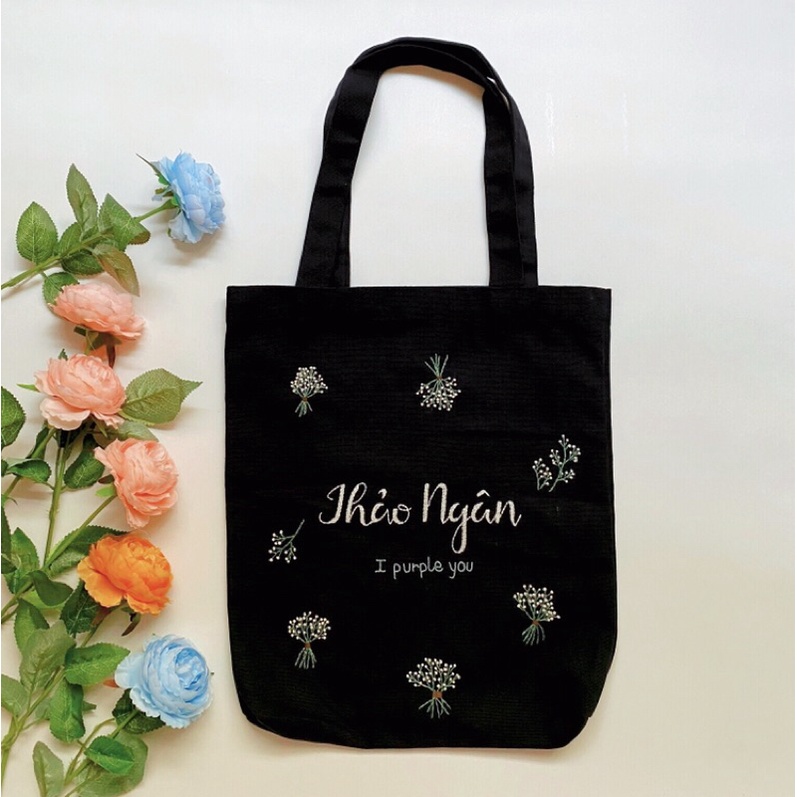 Túi Vải ToTe đeo chéo đeo vai thêu hoa baby theo yêu cầu