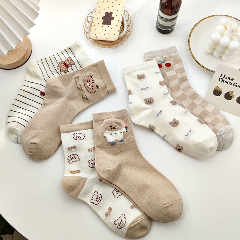 Tất nữ cao cổ gấu màu nâu họa tiết xinh xắn đáng yêu co dãn thấm hút mồ hôi dành cho nữ