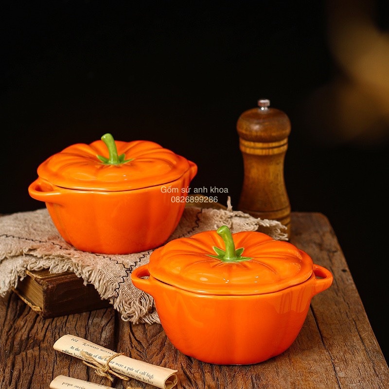 Bộ chén dĩa sứ Bát ăn cơm Đĩa sưd Dễ thương Decor cao cấp Bát tô hình quả bí siêu đáng yêu
