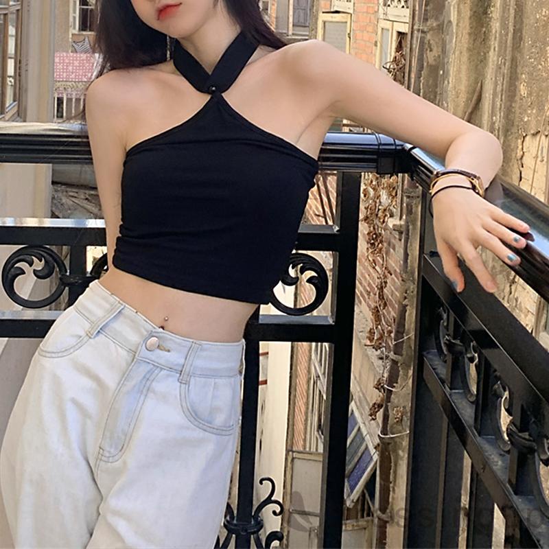 Áo croptop sát nách màu trơn ôm dáng màu trắng/đen cho nữ