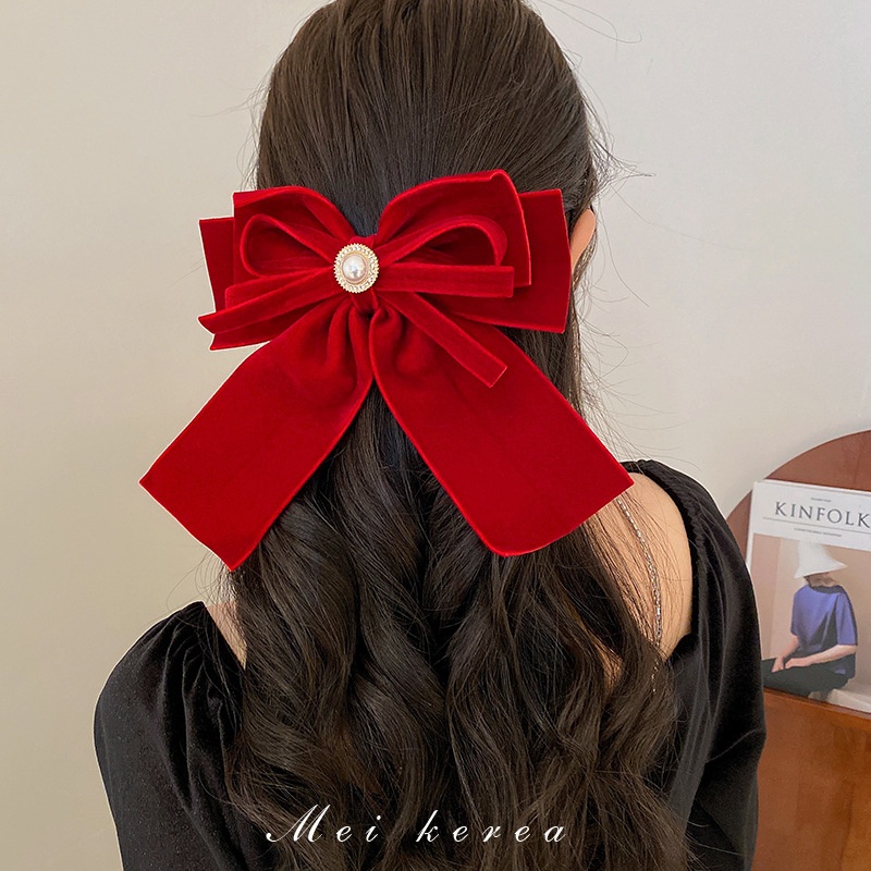 Kẹp Tóc Nơ Bằng Nhung Màu Đỏ Phong Cách Hàn Quốc Đơn Giản Dành Cho Nữ