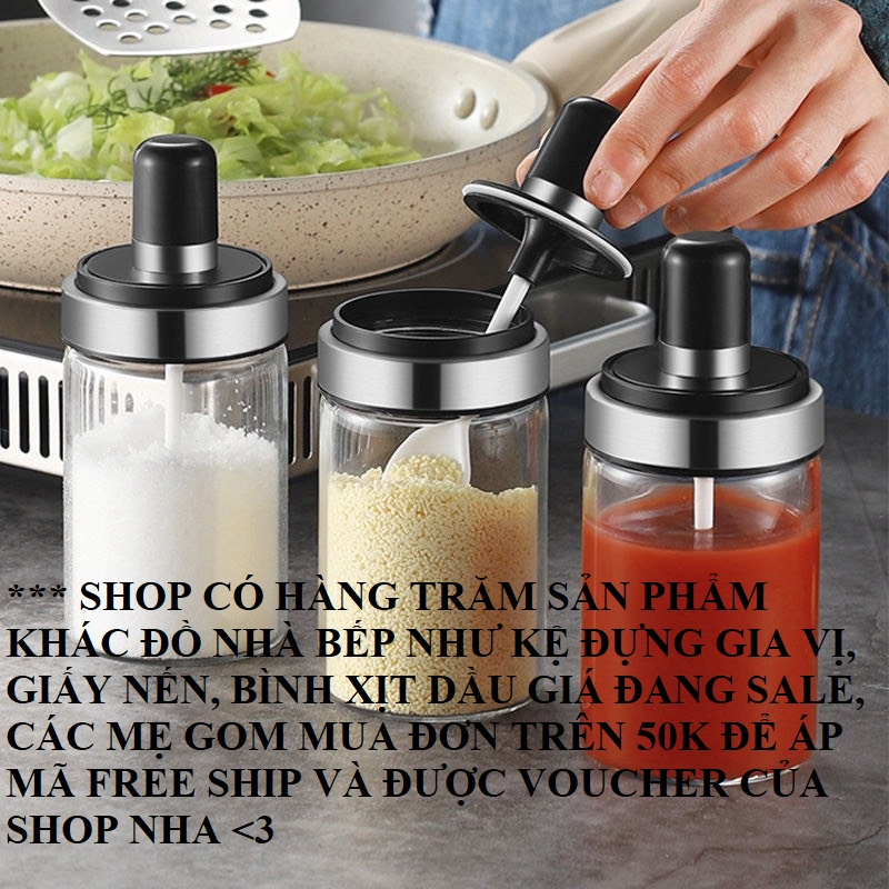 Lọ đựng gia vị, hũ đựng gia vị thủy tinh kèm thìa cao cấp