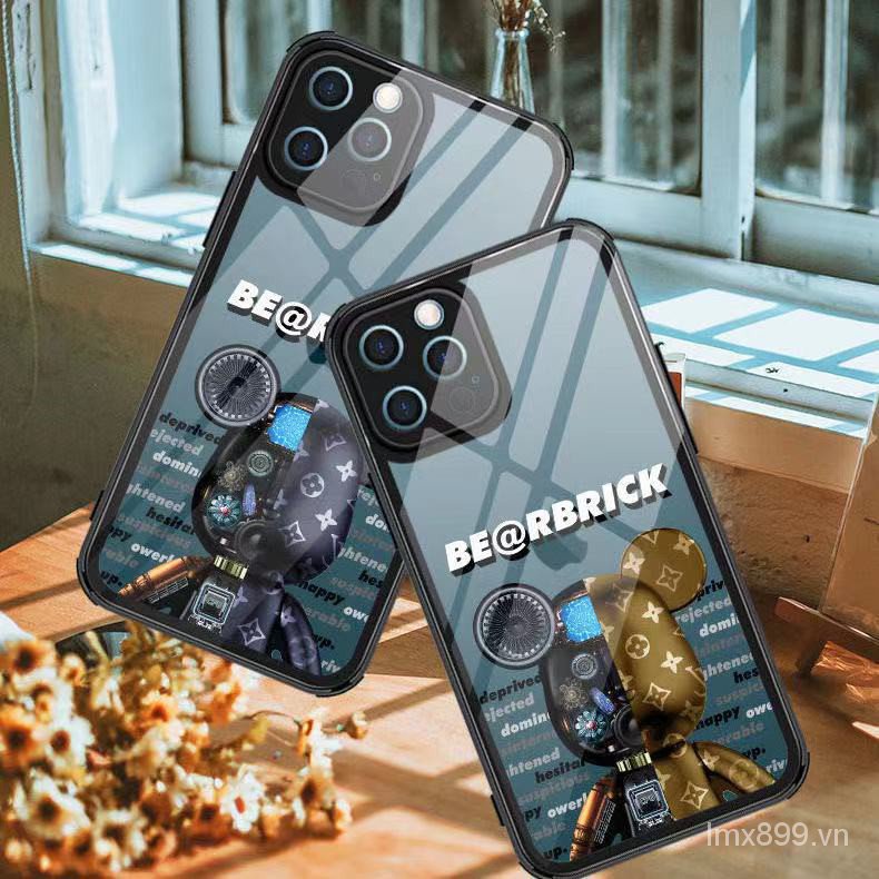 Ốp điện thoại mặt kính trong suốt in hình gấu Kaws cho Iphone 11 12 Pro X Xs Max iPhone13 Promax i13 i12 i11