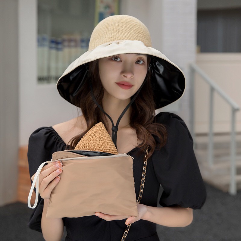 Mũ đi biển rộng vành thời trang nữ - Nón đi biển chống nắng tia UV có nơ phía sau