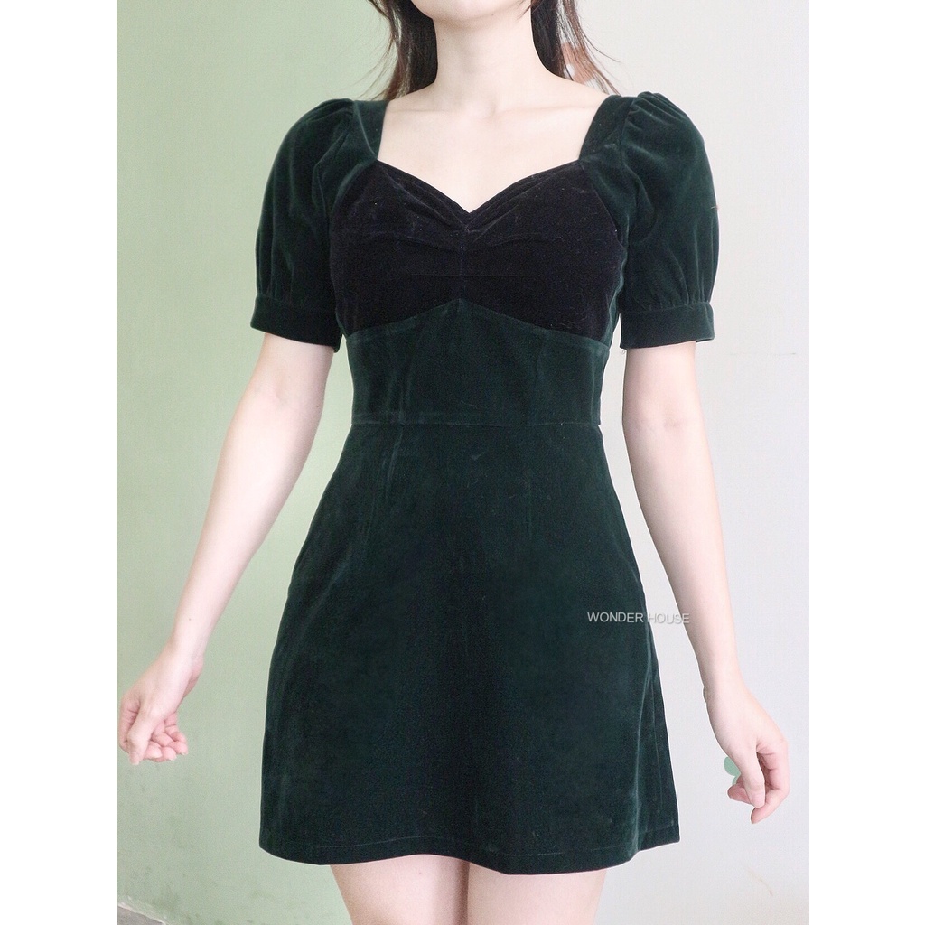 Đầm thiết kế WONDERHOUSE cổ vuông nhún ngực dự tiệc, dạo phố chất liệu nhung cao cấp sang chảnh - Spring dress