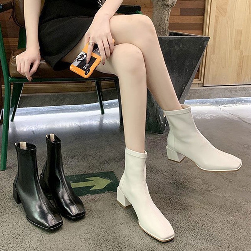 Giày Boot Martin Ulzzang Vintage, Giày Bốt Da Cao Gót Mũi Vuông Cổ Cao Khóa Sau Đế Cao 5cm, Hàn Quốc - Iclassy_shoes