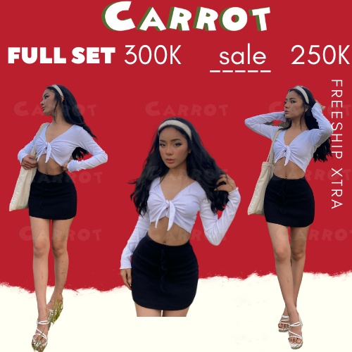 Set áo croptop nữ cột nơ tay dài hở lưng sexy, chân váy basic ôm tôn dáng thiết kế đi chơi đi chụp ảnh Carrotxinhdep