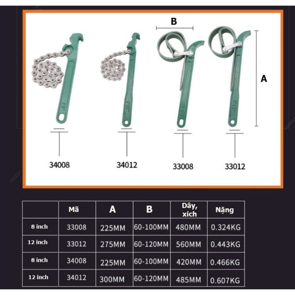 Cờ lê dây xích, cờ lê răng cưa đa năng 8inch, 12inch - Chính hãng TUOSEN / Tuo Sen