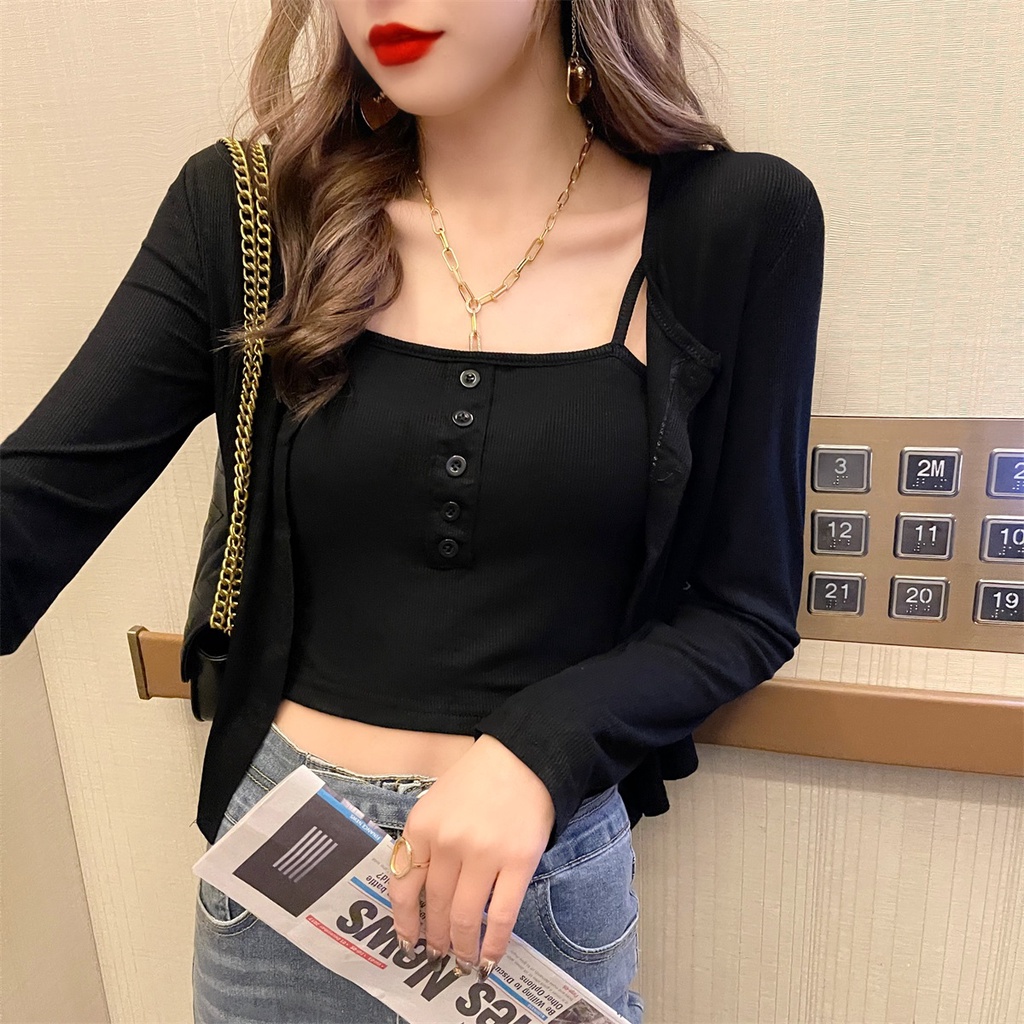 Set áo khoác cardigan len dài tay tặng áo hai dây 3 màu trắng, đen, xám, chất vải mềm mịn Nhungkudo