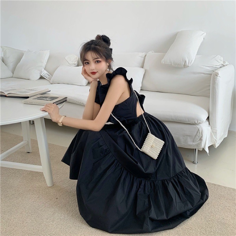 Đầm babydoll đen dáng dài thắt nơ sau lưng xinh xắn phong cách ulzzang