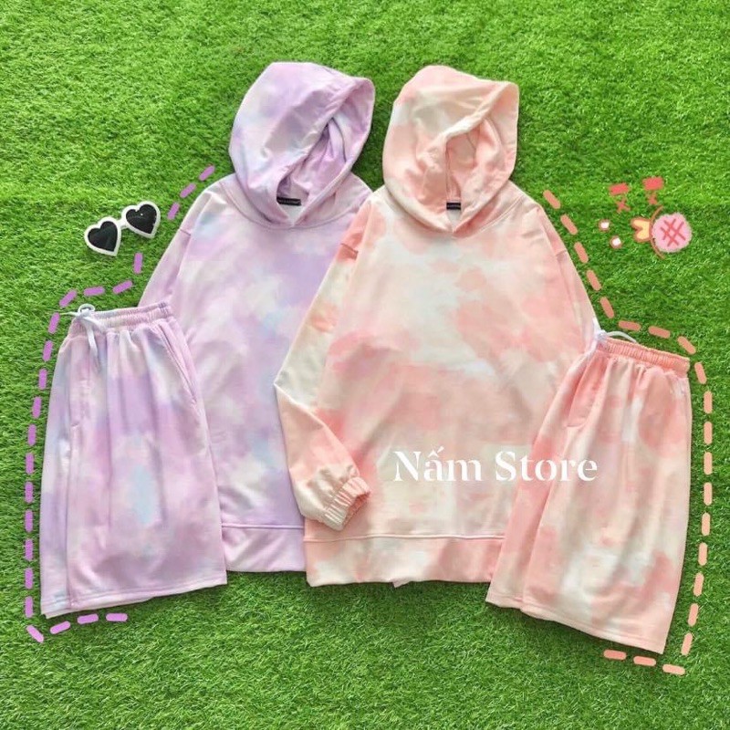 Set Áo Hoodie 3D Unisex Dáng Rộng Kèm Quần Short - Set Bộ Hoodie From Rộng Loang Màu