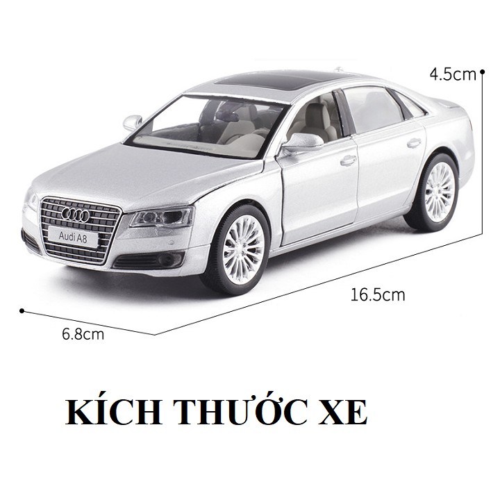 Xe mô hình ô tô Audi A8 tỉ lệ 1:32 hãng Jackie kim xe bằng kim loại chạy cót mở các cửa có đèn và âm thanh động cơ