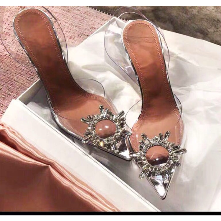 Giày cao gót mũi nhọn quai trong suốt đính đá thời trang mùa hè dành cho nữ